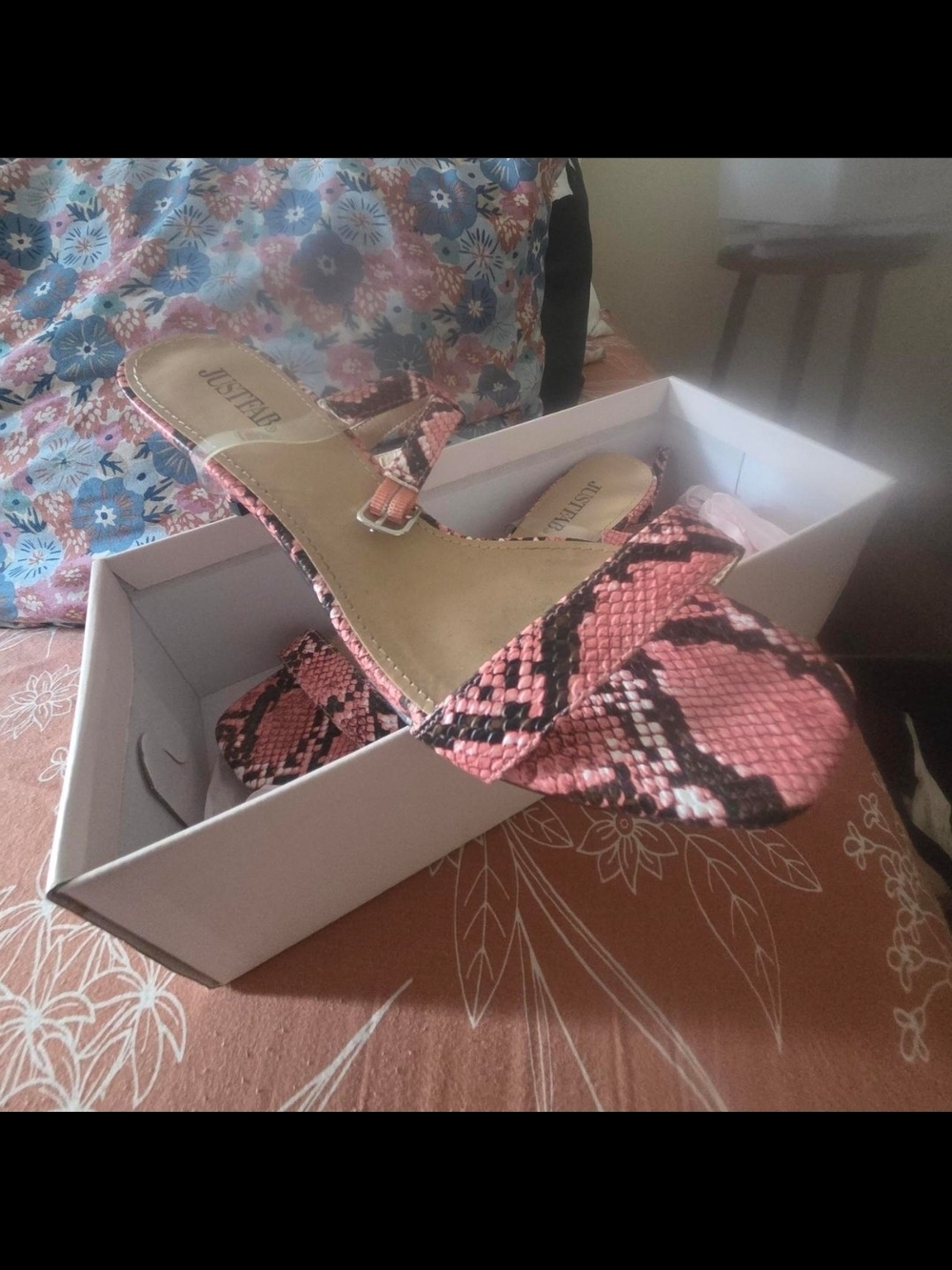 JustFab Pink Snake-Print Slide Sandals with Black Detail